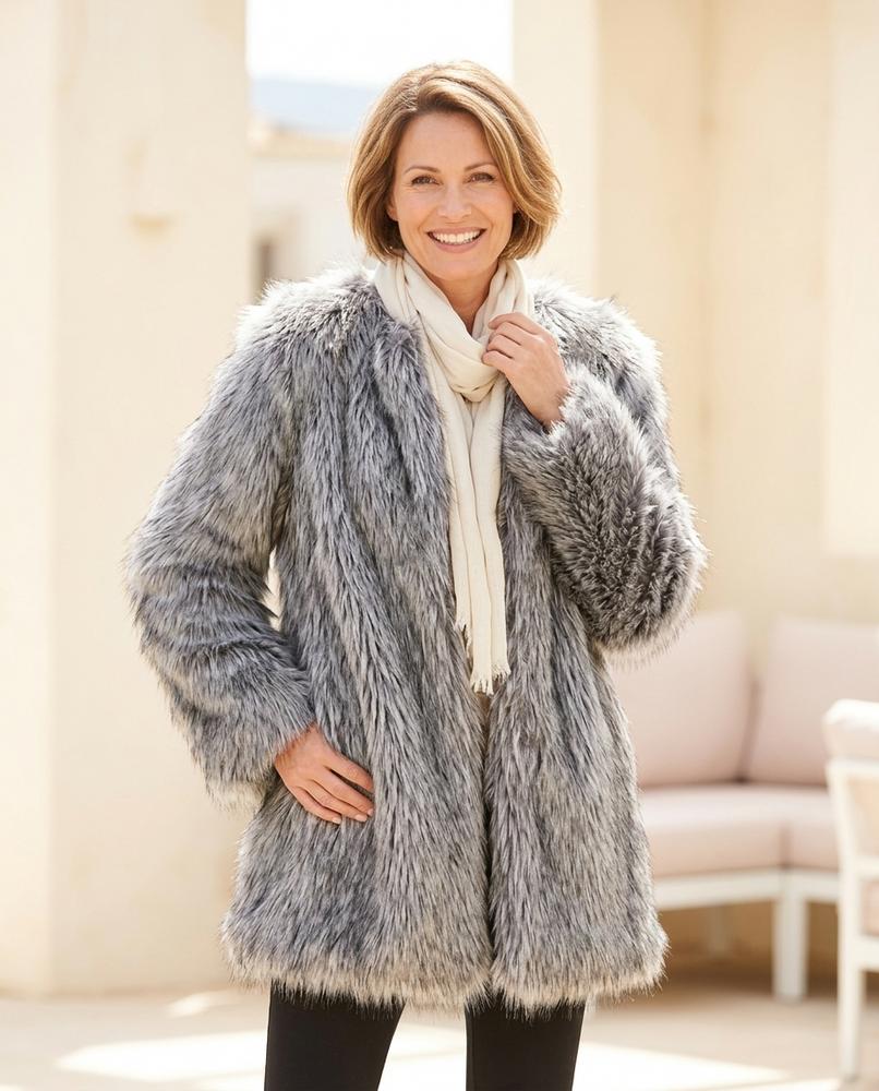Ulla Fashion - Lylan | Langhaariger Kragenloser Mantel Damen