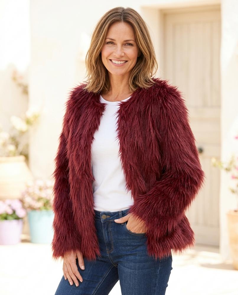 Ulla Fashion - Sasen | Langhaariger Kragenloser Mantel Damen