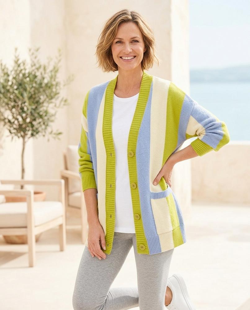 Ulla Fashion - Lorev | Gestreifte Grobgestrickte Strickjacke Damen