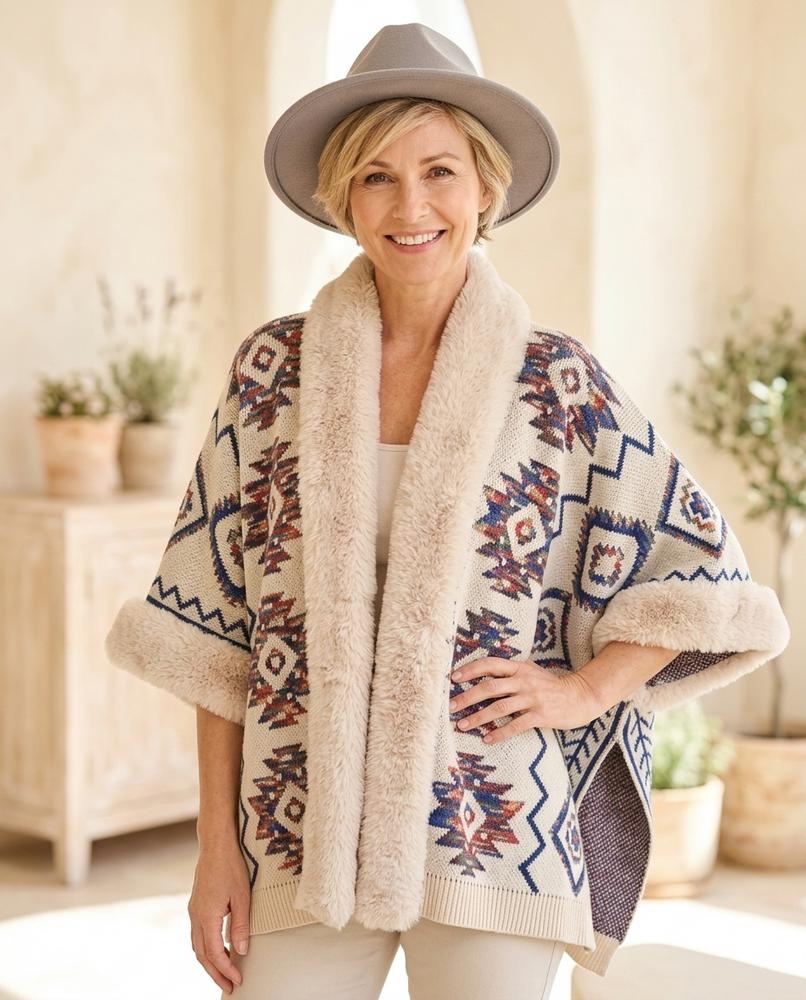Ulla Fashion - Lyram | Gemusterte Pelzbesetzte Strickjacke Damen