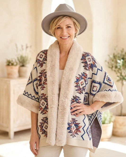 Ulla Fashion - Lyram | Gemusterte Pelzbesetzte Strickjacke Damen