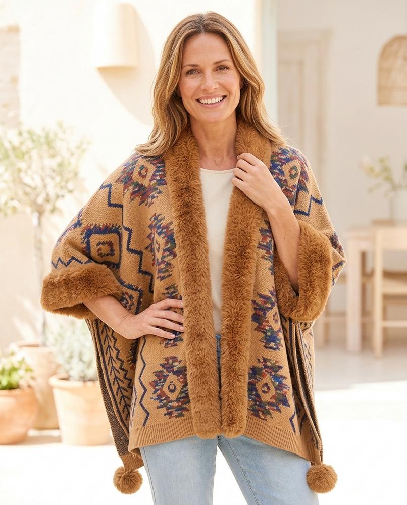Ulla Fashion - Lyram | Gemusterte Pelzbesetzte Strickjacke Damen