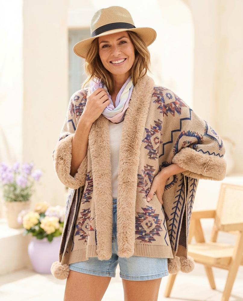Ulla Fashion - Lyram | Gemusterte Pelzbesetzte Strickjacke Damen