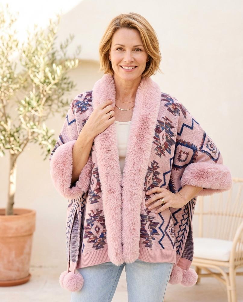 Ulla Fashion - Lyram | Gemusterte Pelzbesetzte Strickjacke Damen