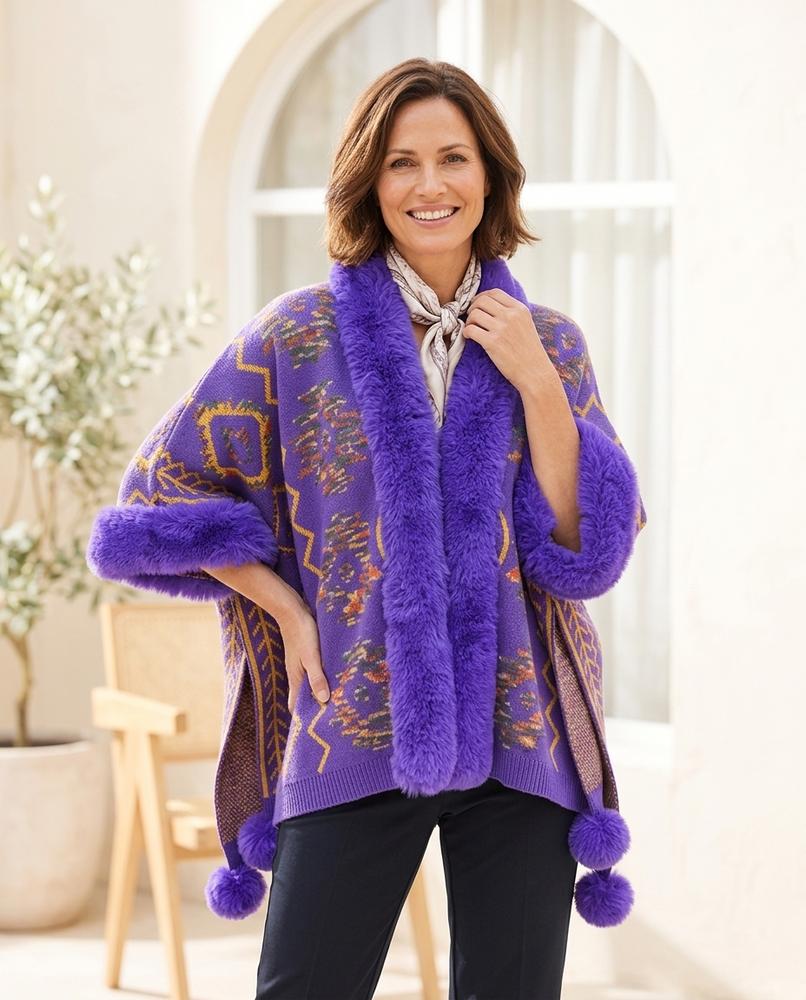 Ulla Fashion - Lyram | Gemusterte Pelzbesetzte Strickjacke Damen