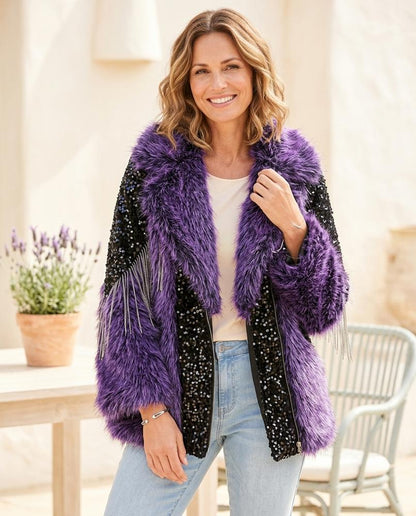 Ulla Fashion - Elvin | Paillettenbesetzte Pelzbesetzte Jacke Damen