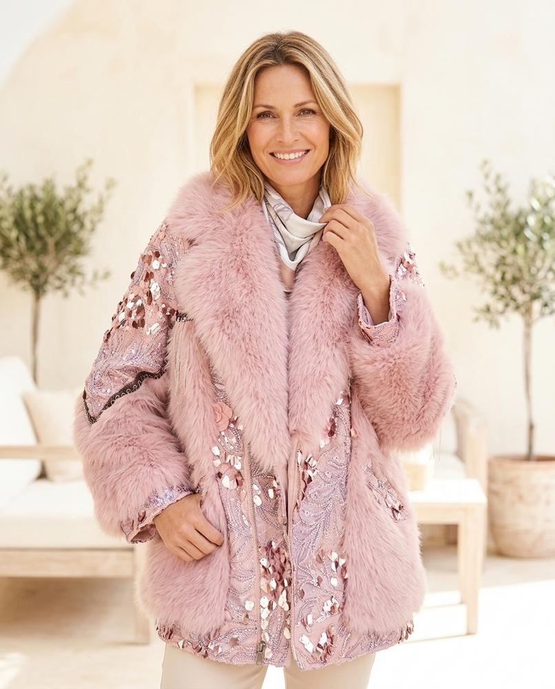 Ulla Fashion - Elvin | Paillettenbesetzte Pelzbesetzte Jacke Damen