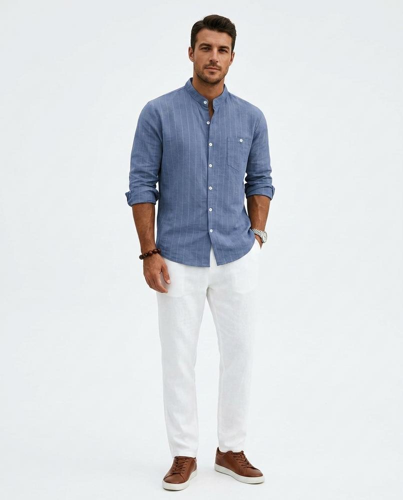Ulla Fashion - Vibum | Gestreiftes Stehkragen Hemd Herren